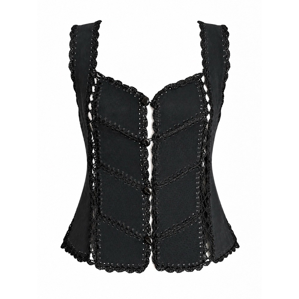 Vintage 90s Black Suede Leather Crochet Vest Ren Faire Cowgirl Western Goth Boho